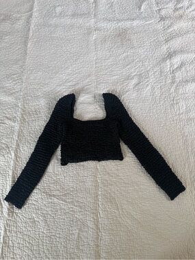 STAUD Black Smocked Long Sleeve Crop Top